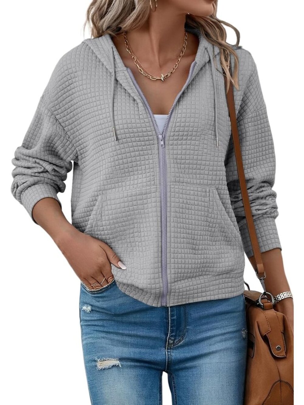 〽️Women's Grey Zip Up Hooded Oversized Sweatshirt Fall Fashion Waffle Jacket